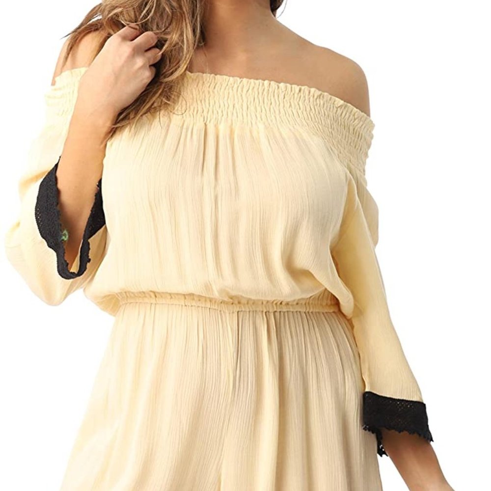 Riviera Sun Womens Off Shoulder 3/4 Sleeve Crochet Trim Romper